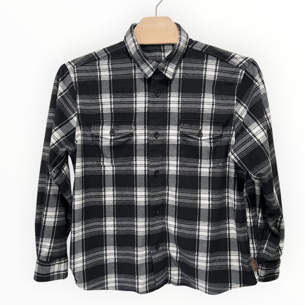 Chaps Mens Black White Plaid Fleece Button Down Shirt Long Sleeve Pockets 0077